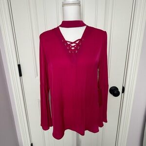 Jennifer Lopez Magenta Lace-Up Choker Silky Blouse